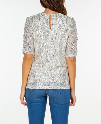 Fever Women's Rouched Short Sleeve Sequin Top White Size Large