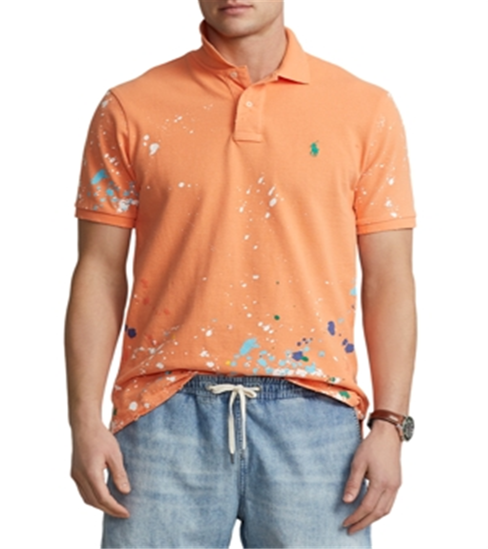 Polo Ralph Lauren Men's Classic Fit Paint Splatter Mesh Polo Orange Size X-Large