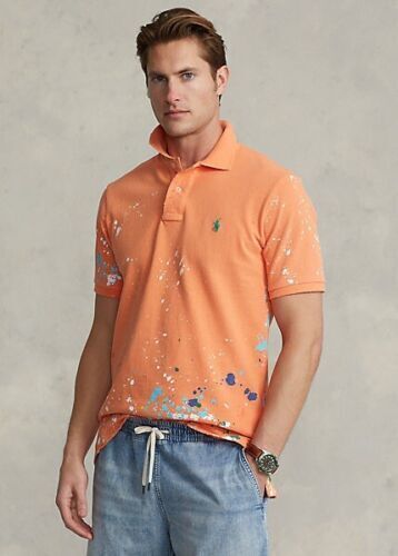 Polo Ralph Lauren Men's Classic Fit Paint Splatter Mesh Polo Orange Size X-Large