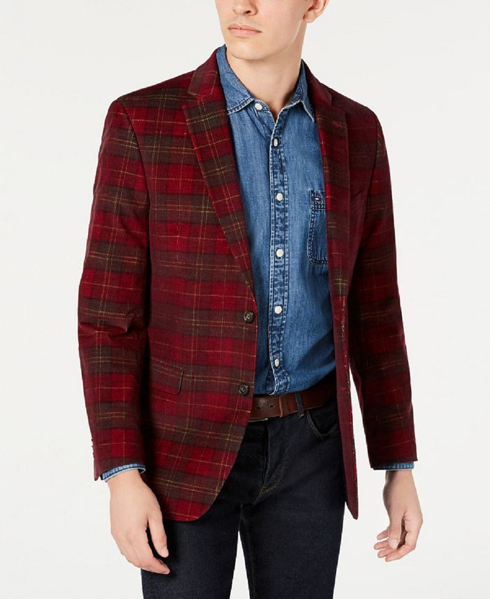 Tommy Hilfiger Men's Modern Fit Thflex Stretch Plaid Corduroy Sport Coat Red Size 44