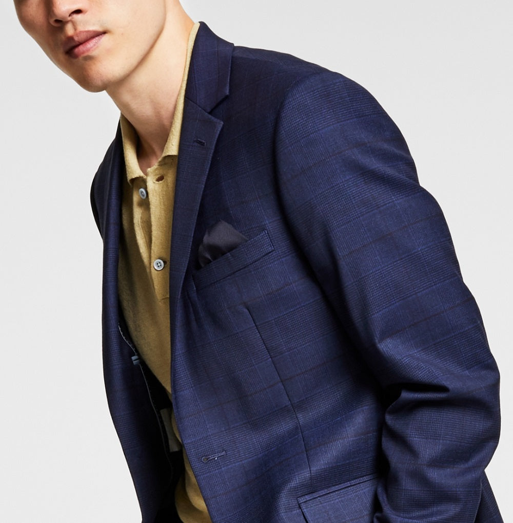 Bar III Men's Skinny Fit Plaid Suit Jacket Blue Size 44