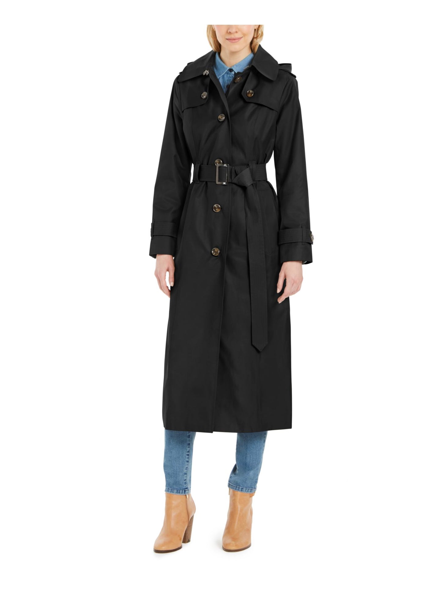 London Fog Women's Hooded Water-Repellent Trench Coat Black Size XL