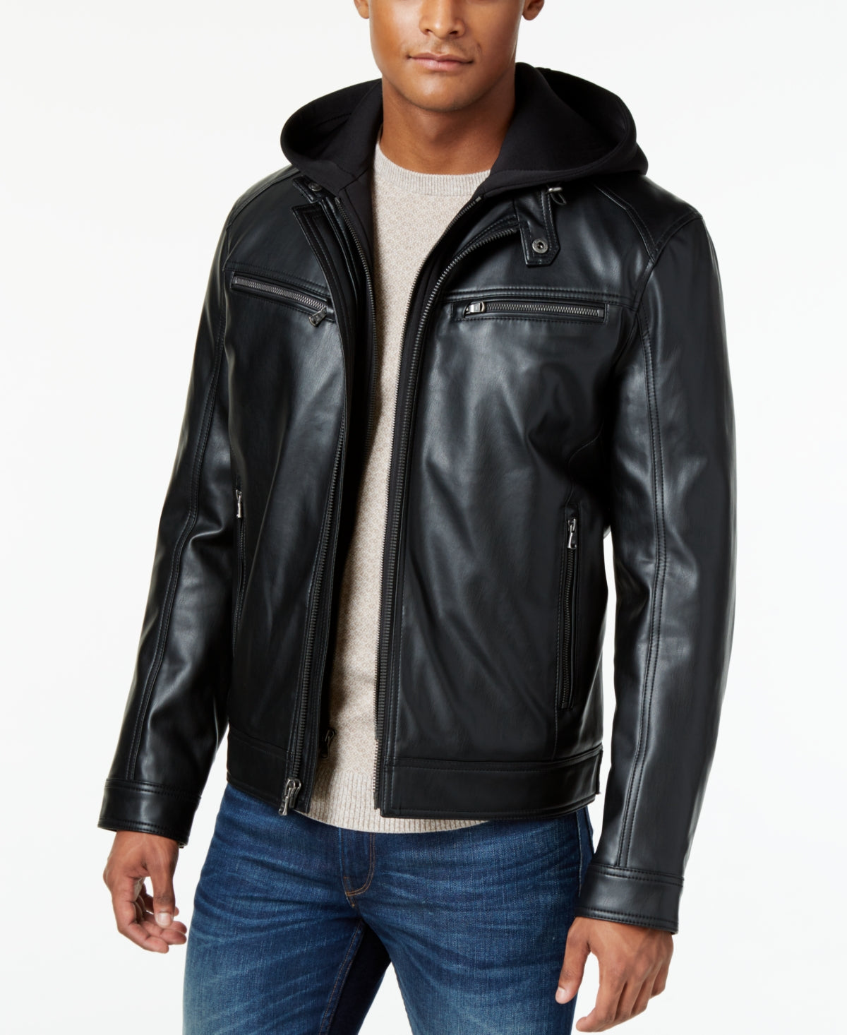Michael Kors Men's Faux Leather Hooded Bomber Jacket Black Size Large
