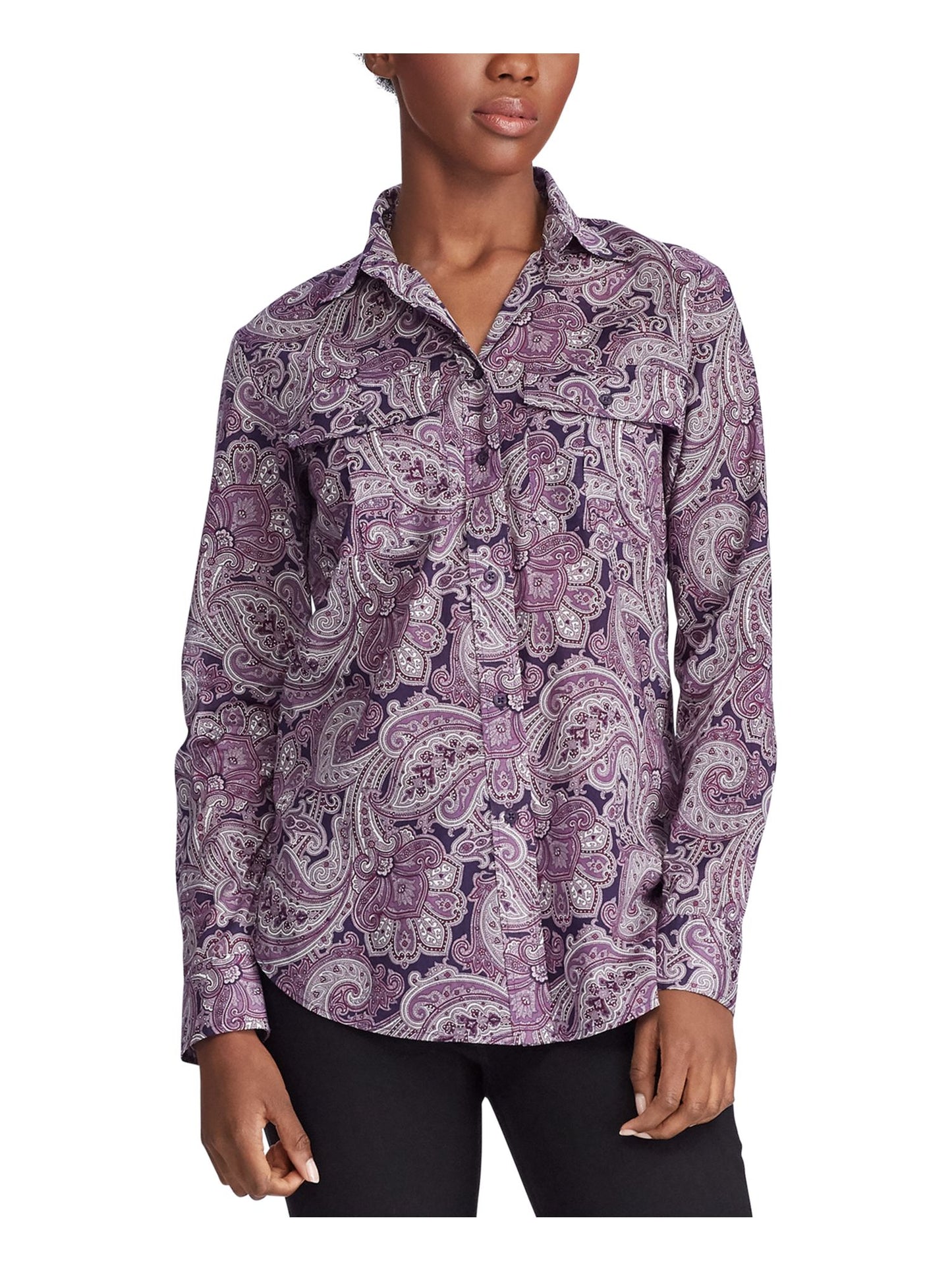 Ralph Lauren Women's Cotton Baroque Button Down Top Purple Size X-Large