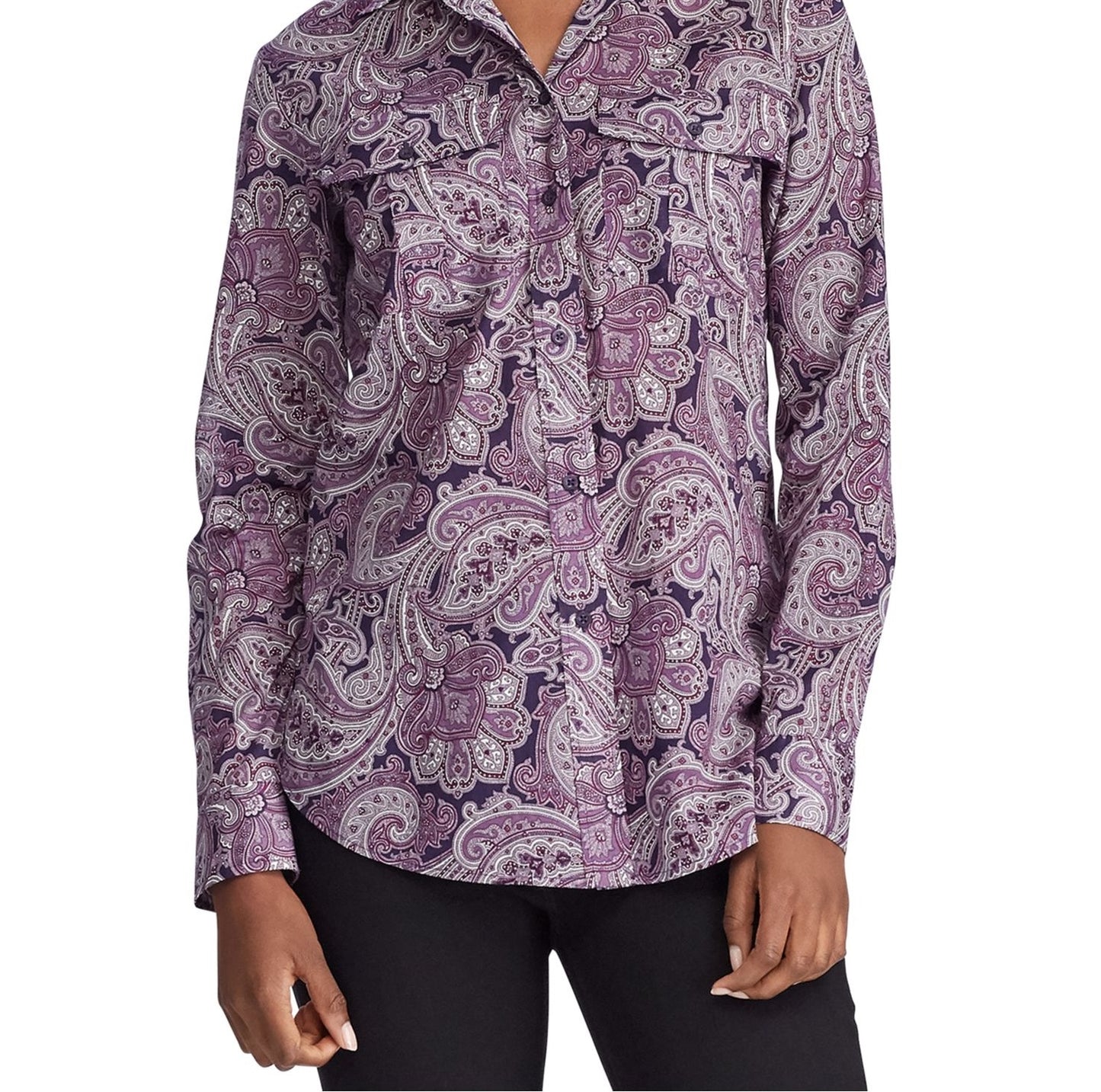 Ralph Lauren Women's Cotton Baroque Button Down Top Purple Size X-Large