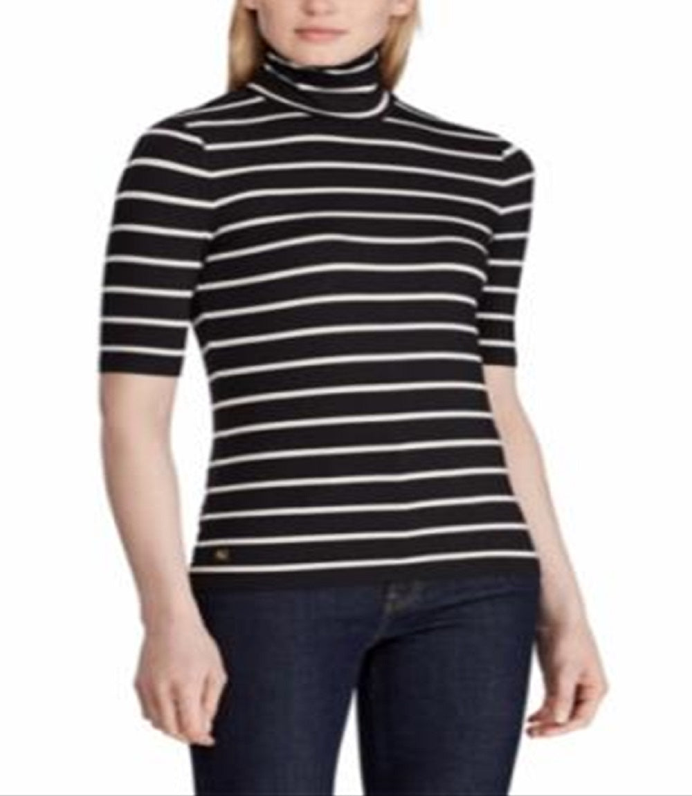 Ralph Lauren Women's Stripe Print Stretch Turtleneck Top Black Size Large
