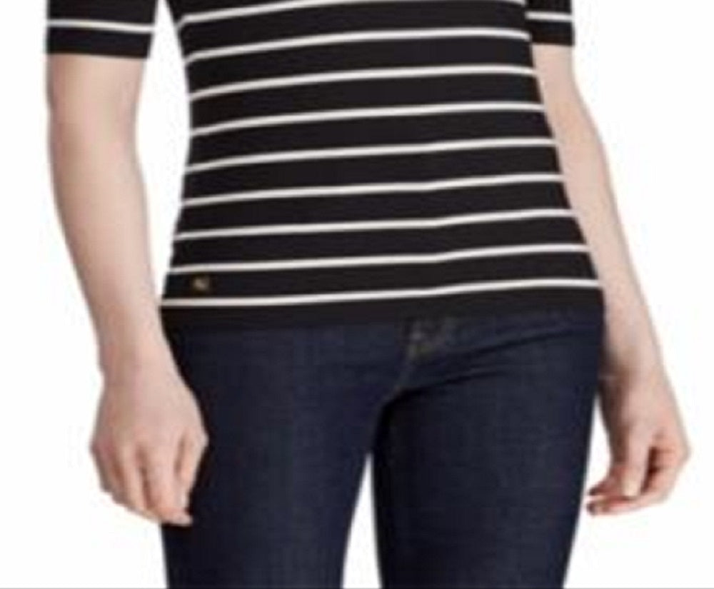 Ralph Lauren Women's Stripe Print Stretch Turtleneck Top Black Size Large