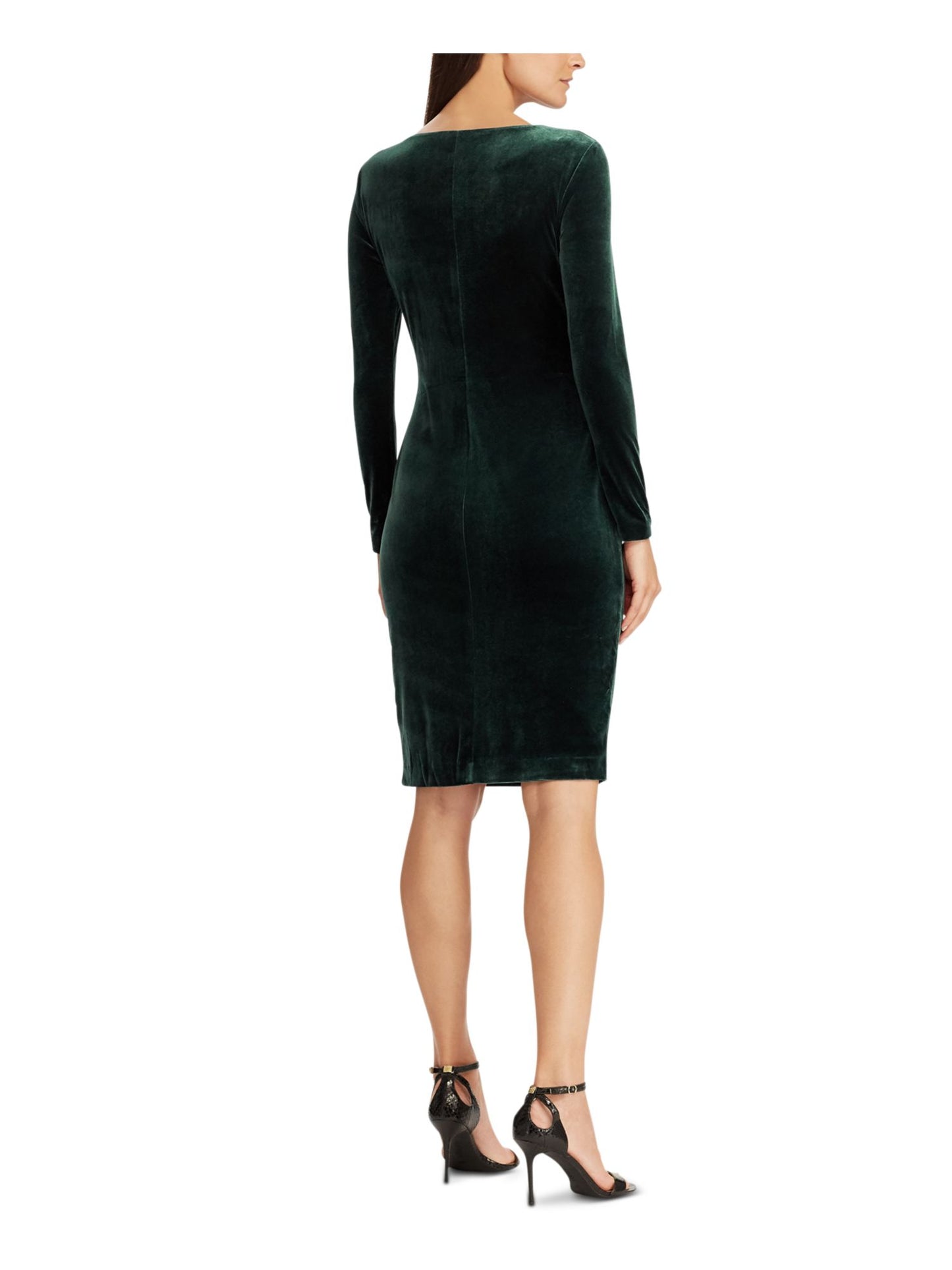 Ralph Lauren Women's Gathered Long Sleeve V Neck Above the Knee Party Body Con Dress Green Size 8 Petite