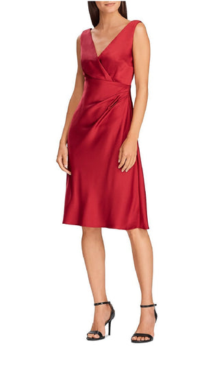 Ralph Lauren Women's Sleeveless V Neck Knee Length Fit Flare Evening Dress Red Size 14