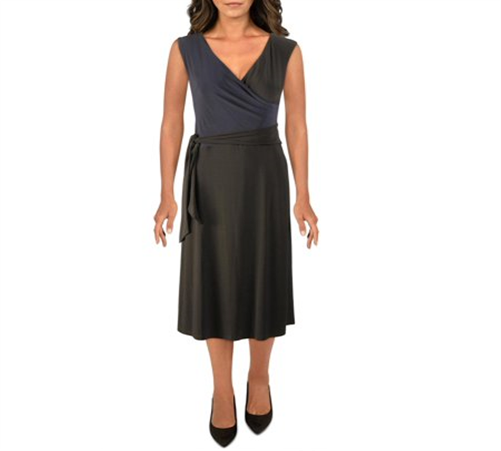 Lauren Ralph Lauren Womens Dorena Midi Faux Wrap Wear to Work Dress Black Size 14