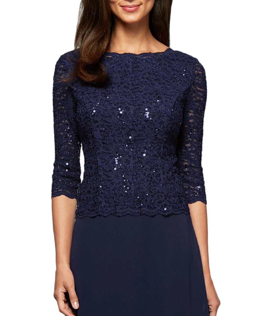 Alex Evenings Women's Sequin Lace & Chiffon Gown Blue Size 6