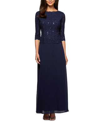 Alex Evenings Women's Sequin Lace & Chiffon Gown Blue Size 12