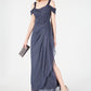Alex Evenings Women's Cold Shoulder Ruffle Glitter Gown Gray Size 6 Petite