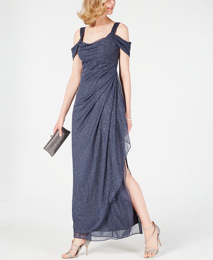 Alex Evenings Women's Cold Shoulder Ruffle Glitter Gown Gray Size 6 Petite
