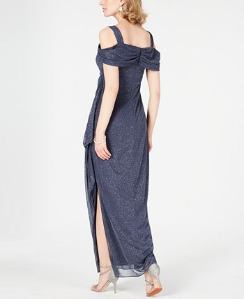 Alex Evenings Women's Cold Shoulder Ruffle Glitter Gown Gray Size 6 Petite