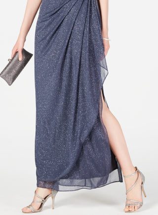 Alex Evenings Women's Cold Shoulder Ruffle Glitter Gown Gray Size 8 Petite