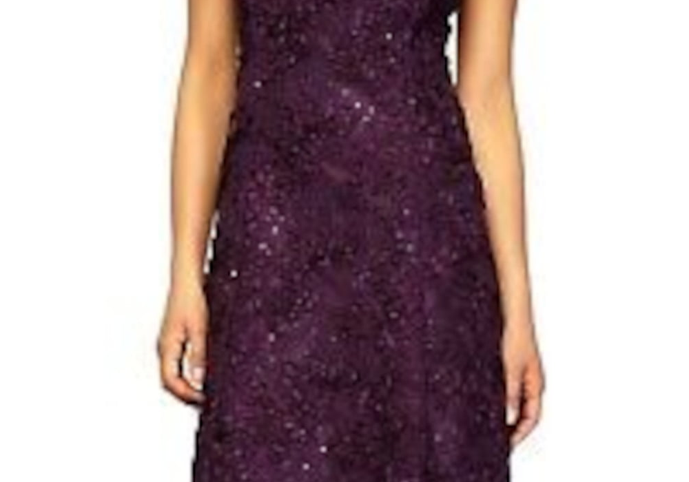 Alex Evenings Purple Lace Dress, Embellished Floral, Size 10
