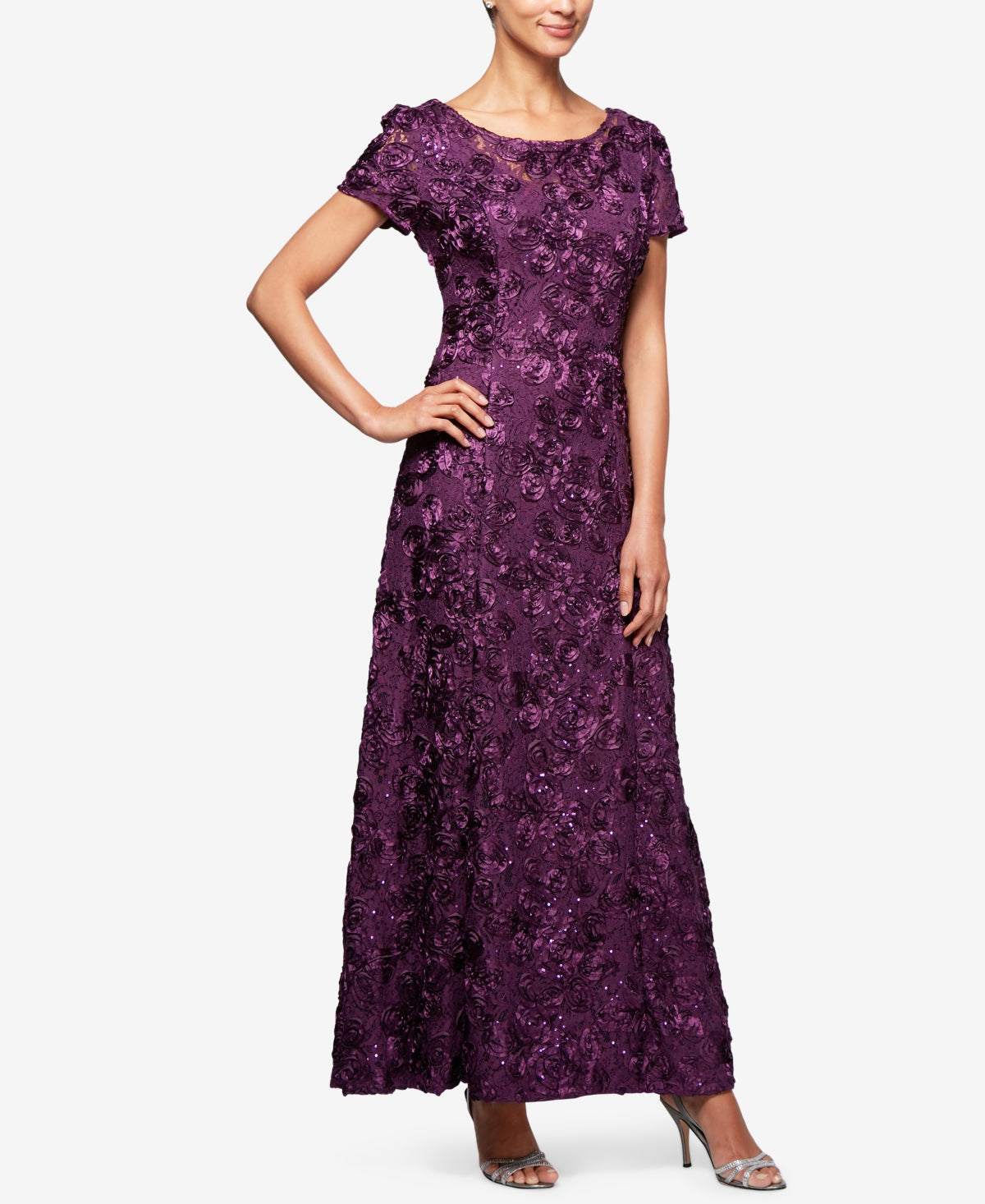 Alex Evenings Purple Lace Dress, Embellished Floral, Size 10