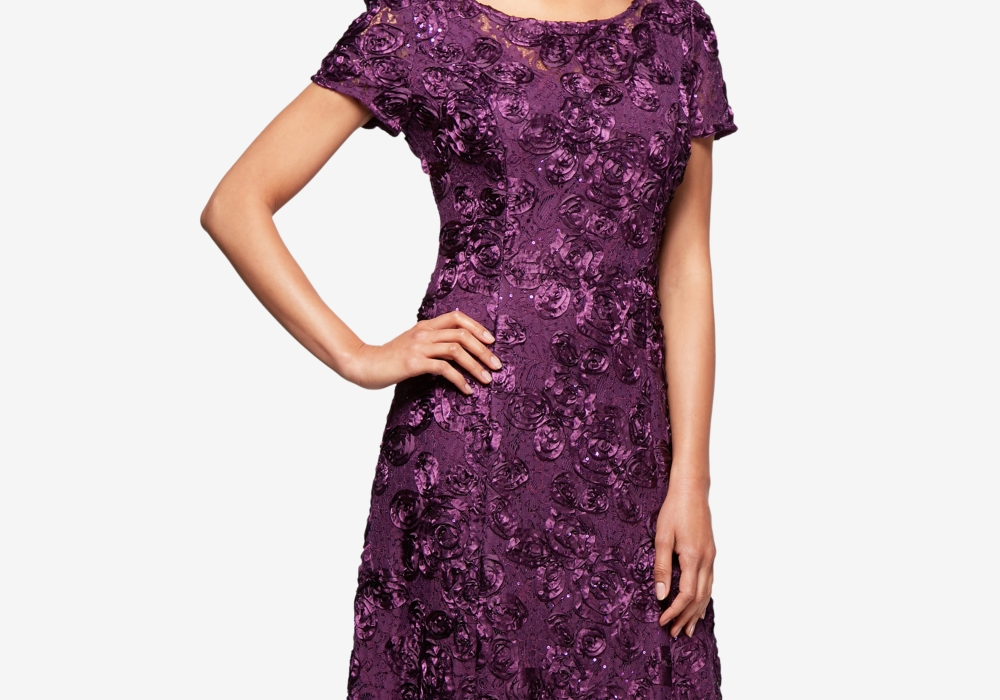 Alex Evenings Purple Lace Dress, Embellished Floral, Size 10