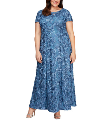 Alex Evenings Women's Rosette Lace Short Sleeve A Line Gown Blue Size 14W