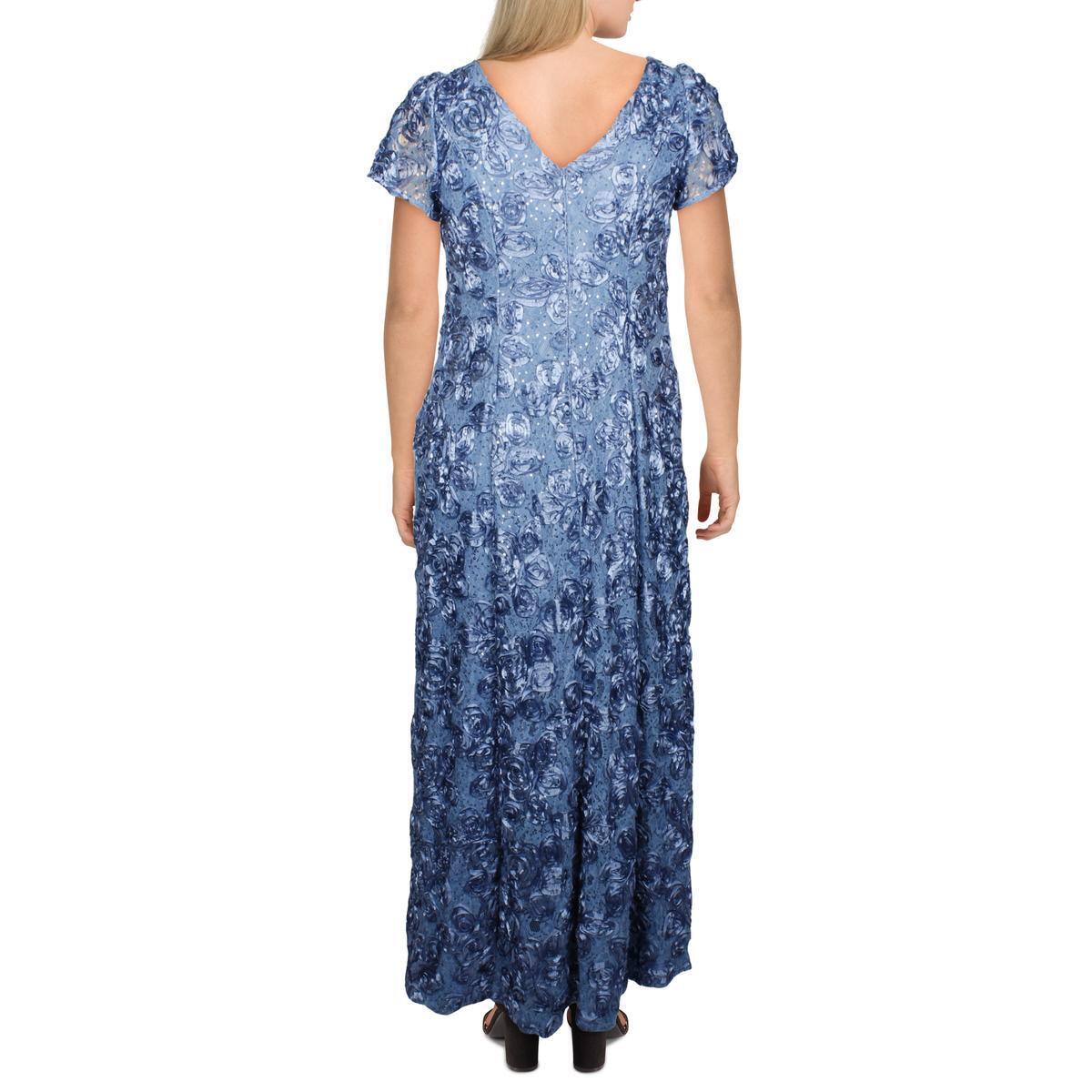 Alex Evenings Women's Rosette Lace Short Sleeve A Line Gown Blue Size 14W