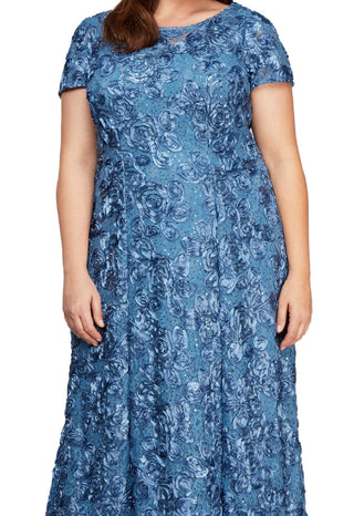 Alex Evenings Women's Rosette Lace Short Sleeve A Line Gown Blue Size 14W