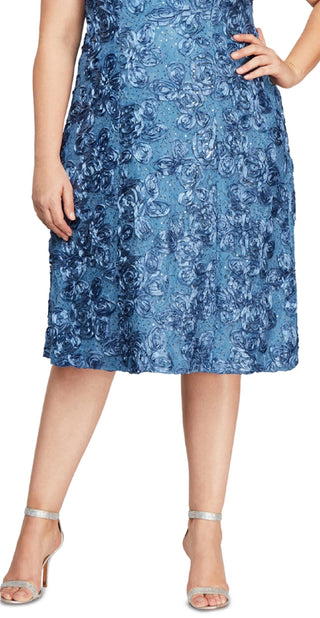 Alex Evenings Women's Lace Sequined V Back Floral Cap Sleeve Scoop Neck Below Dress Blue Size Petite Small