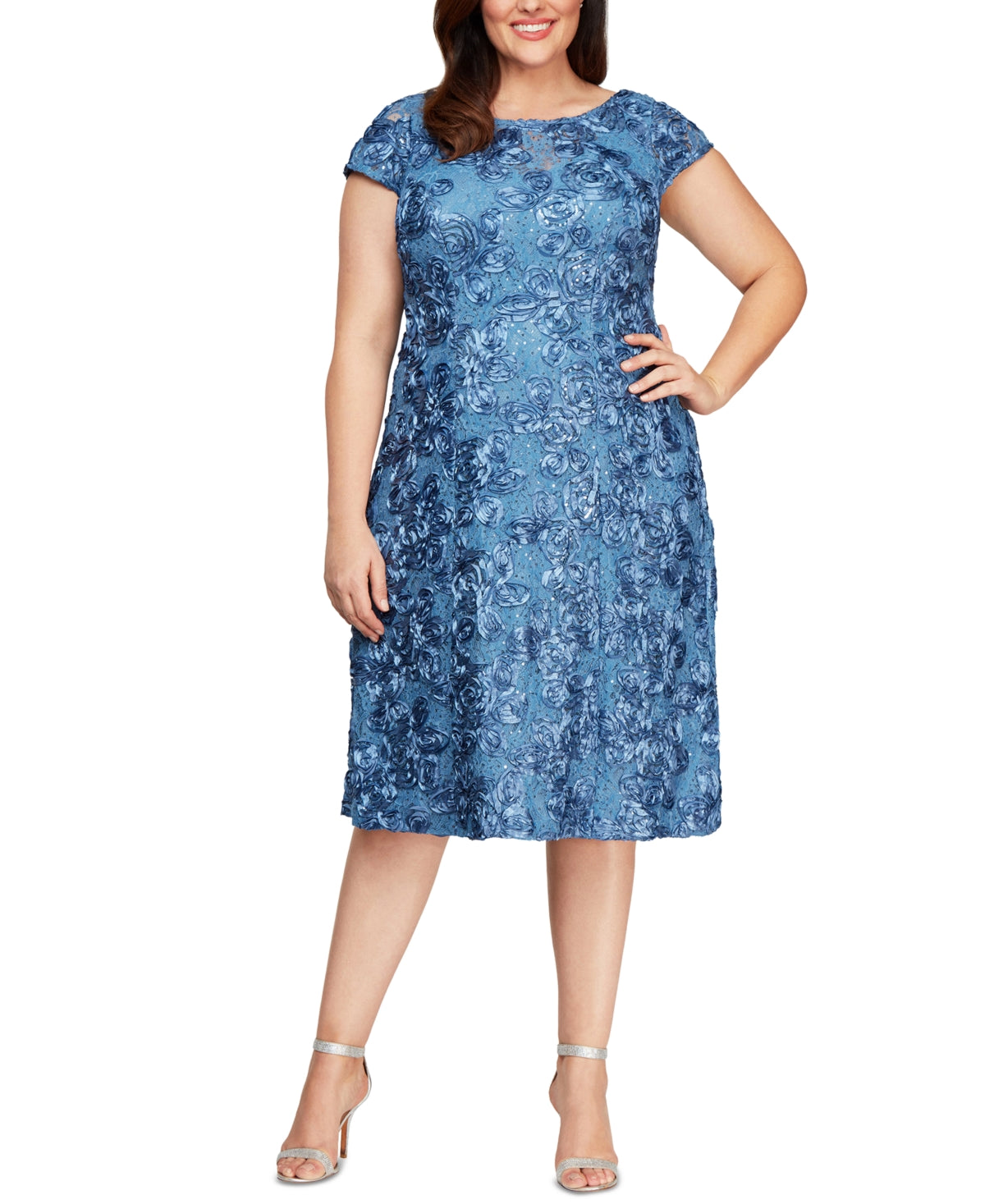 Alex Evenings Women's Lace Sequined V Back Floral Cap Sleeve Scoop Neck Below Dress Blue Size Petite Small