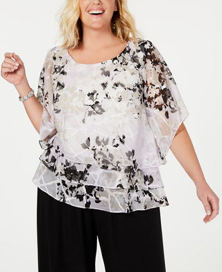 Alex Evenings Women's Printed Tiered Blouse White Size 1X