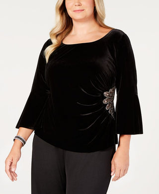 Alex Evenings Women's Plus Velvet Embellished Top Black Size 3X