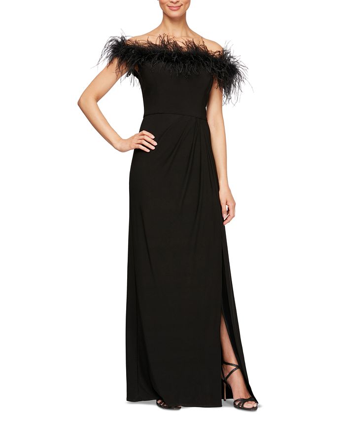 Alex Evenings Women's Feather Trimmed Off The Shoulder Gown Black Size 6