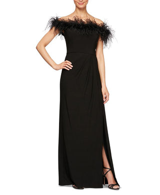 Alex Evenings Women's Feather Trimmed Off The Shoulder Gown Black Size 6