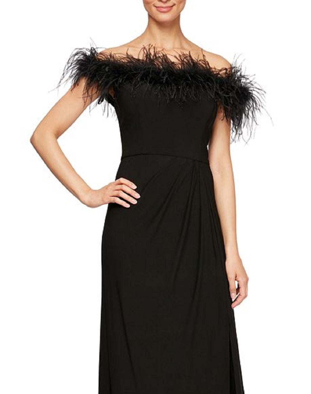 Alex Evenings Women's Feather Trimmed Off The Shoulder Gown Black Size 6