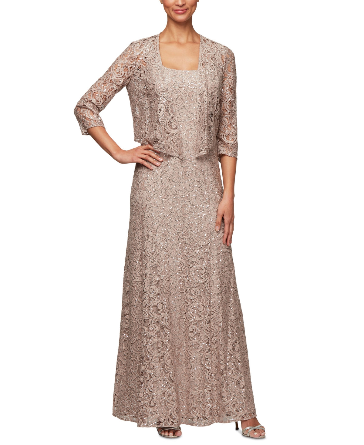 Alex Evenings Women's Sequin Lace Jacket Gown Brown Size 16