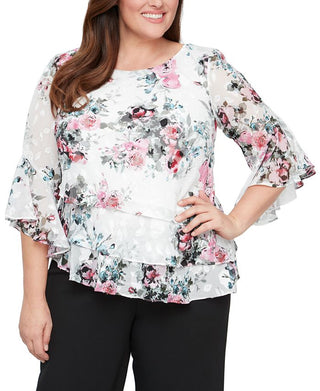 Alex Evenings Women's Floral Print Blouse White Size 1X