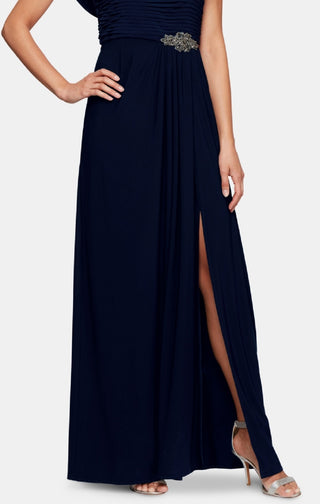 Alex Evenings Women's Cowl Neck Beaded Waist Gown Blue Size 12