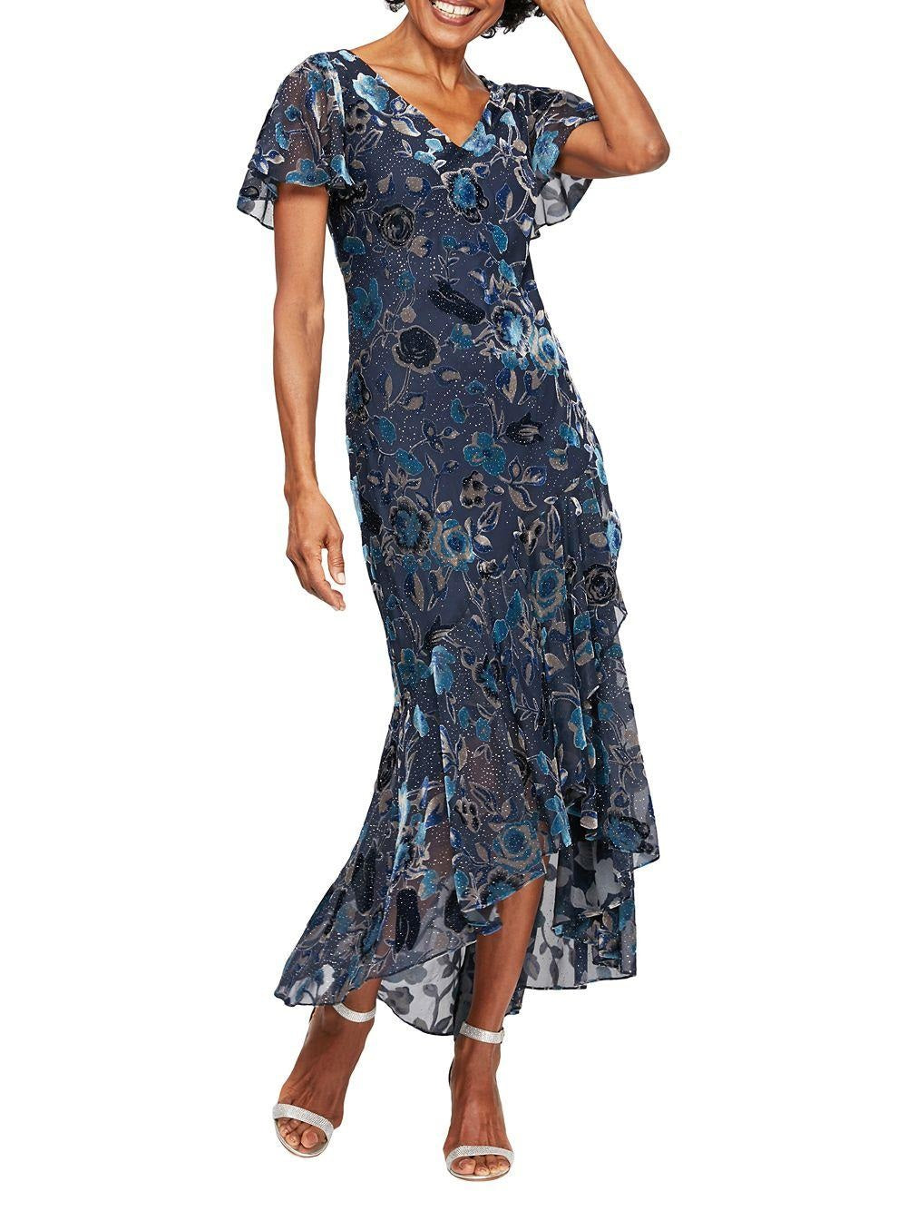 Alex Evenings Women's Floral Velvet Burnout Dress Blue Size 10