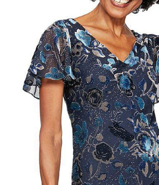 Alex Evenings Women's Floral Velvet Burnout Dress Blue Size 10