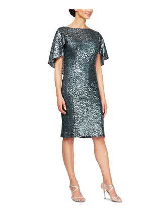 Alex Evenings Women's Sequin Capelet Sheath Dress Green Size 4
