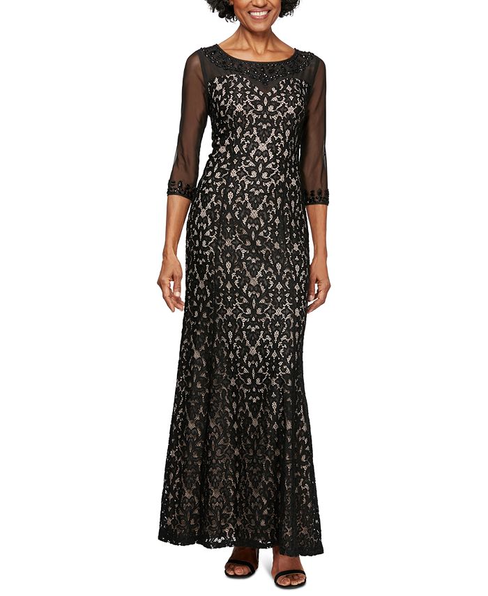 Alex Evenings Women's Scoop Neck 3/4 Sleeve Illusion Embellished Zipper Back Embroidered Mesh Dress Black Size 8 Petite