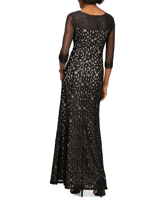 Alex Evenings Women's Scoop Neck 3/4 Sleeve Illusion Embellished Zipper Back Embroidered Mesh Dress Black Size 8 Petite