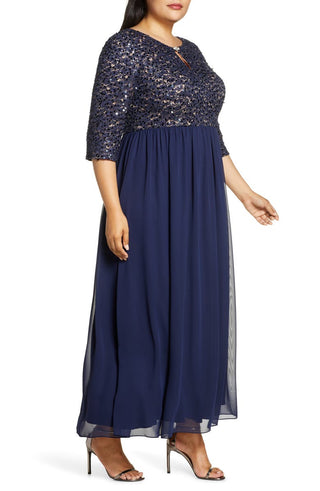 Alex Evenings Women's Embellished Keyhole Gown Blue Size Petite Small