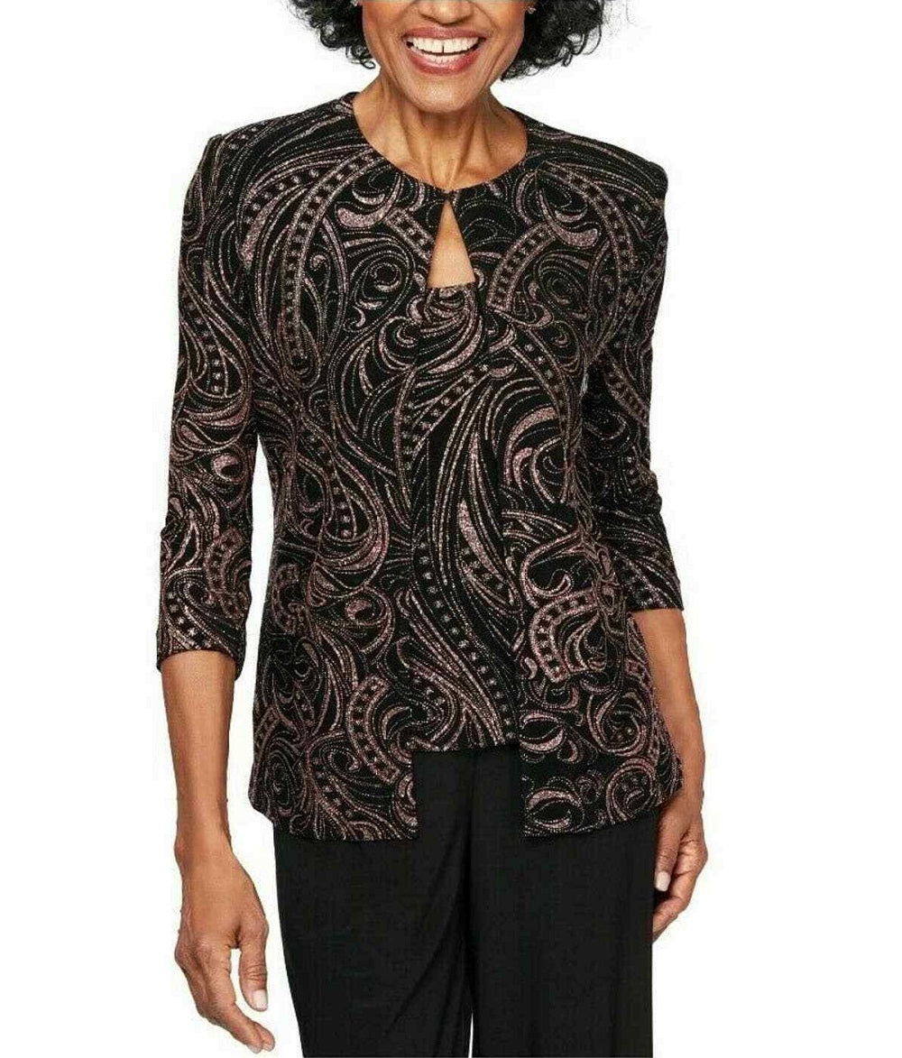 Alex Evenings Women's Embellished 3/4 Sleeve Scoop Neck Evening Top Black Size Petite X-Large