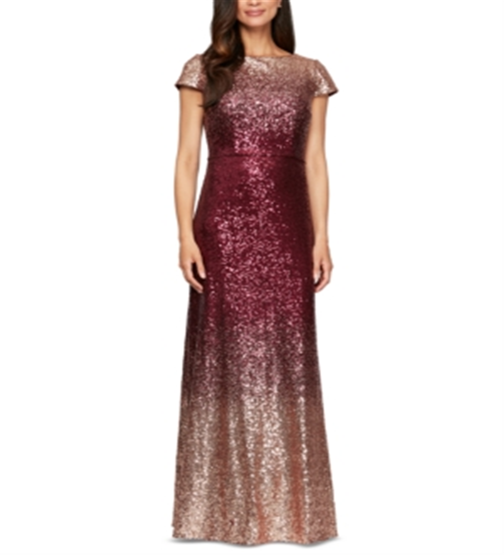 Alex Evenings Women's Sequined Ombre Cap Sleeve Jewel Neck Full Length A Line Formal Dress Red Size 10