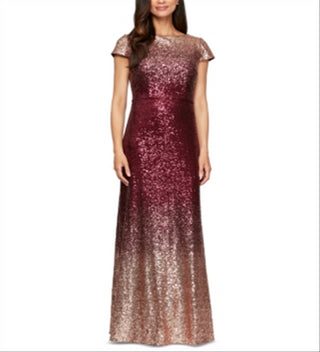 Alex Evenings Women's Sequined Ombre Cap Sleeve Jewel Neck Full Length A Line Formal Dress Red Size 10