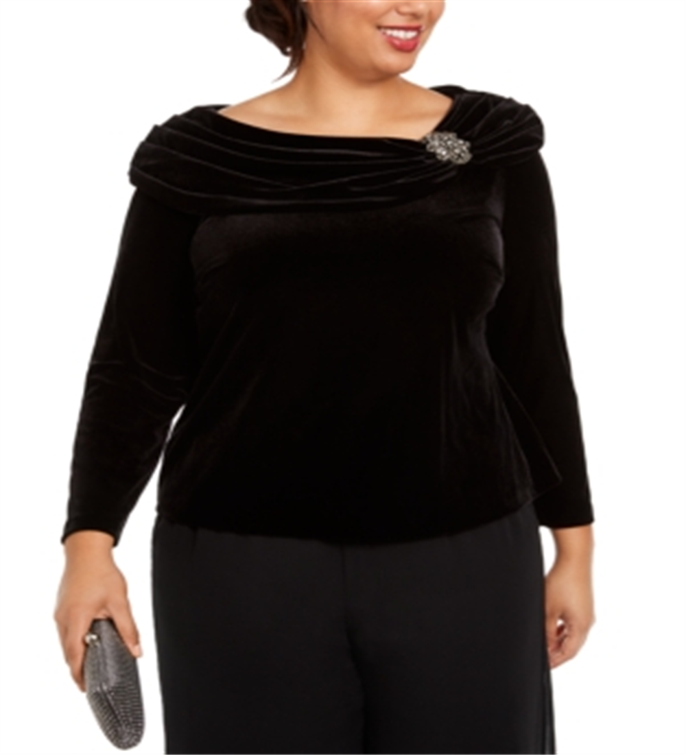Alex Evenings Women's Embellished Velvet Long Sleeve Jewel Neck Evening Top Black Size 1X