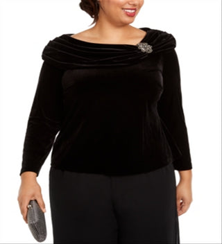 Alex Evenings Women's Embellished Velvet Long Sleeve Jewel Neck Evening Top Black Size 1X