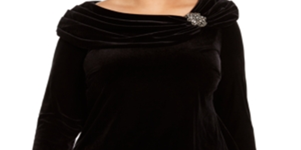 Alex Evenings Women's Embellished Velvet Long Sleeve Jewel Neck Evening Top Black Size 1X