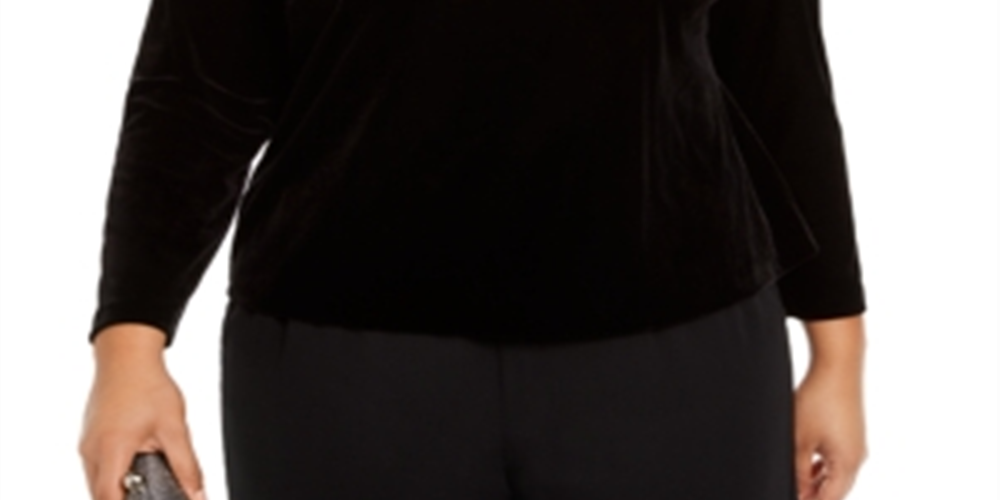 Alex Evenings Women's Embellished Velvet Long Sleeve Jewel Neck Evening Top Black Size 1X