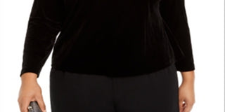 Alex Evenings Women's Embellished Velvet Long Sleeve Jewel Neck Evening Top Black Size 1X